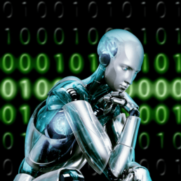 A robot sitting in front of a virtual numeric panel